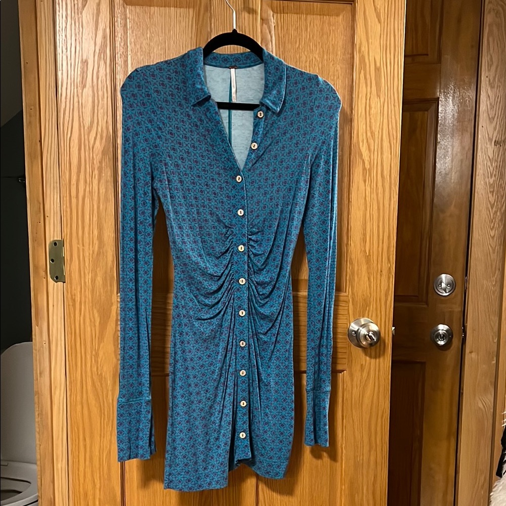Free People Teal Long-Sleeve Ruched Dress